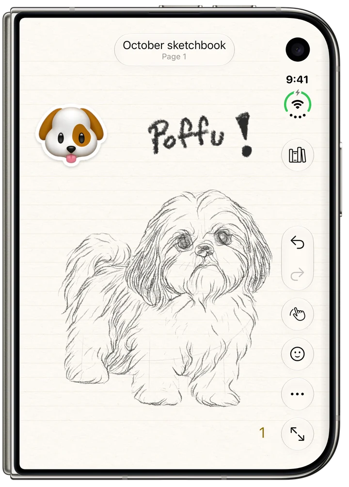 iPhone Duo closed, its outer display showing one lined page with a pencil sketch of a Shih Tzu, the handwritten word “Poffu!” and a dog sticker.