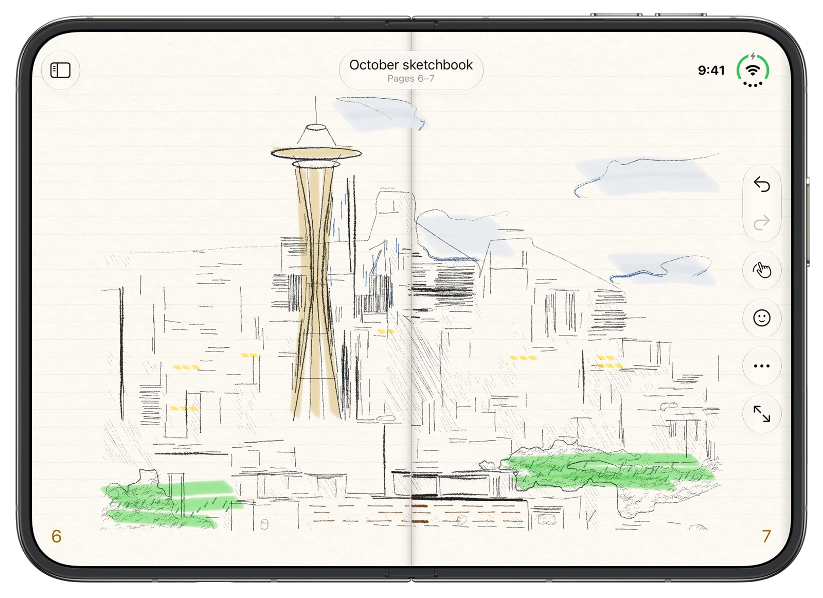 iPhone Duo open, its inner display showing a two-page spread: a pencil sketch of the Seattle skyline with the Space Needle, drawn across both pages, with marker colour on the Needle, trees and clouds and lit windows in the towers.