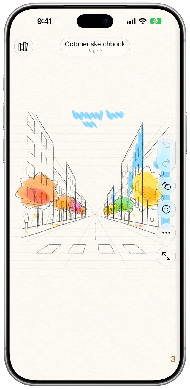 Trazo on iPhone showing a one-point perspective street sketch with marker colour.